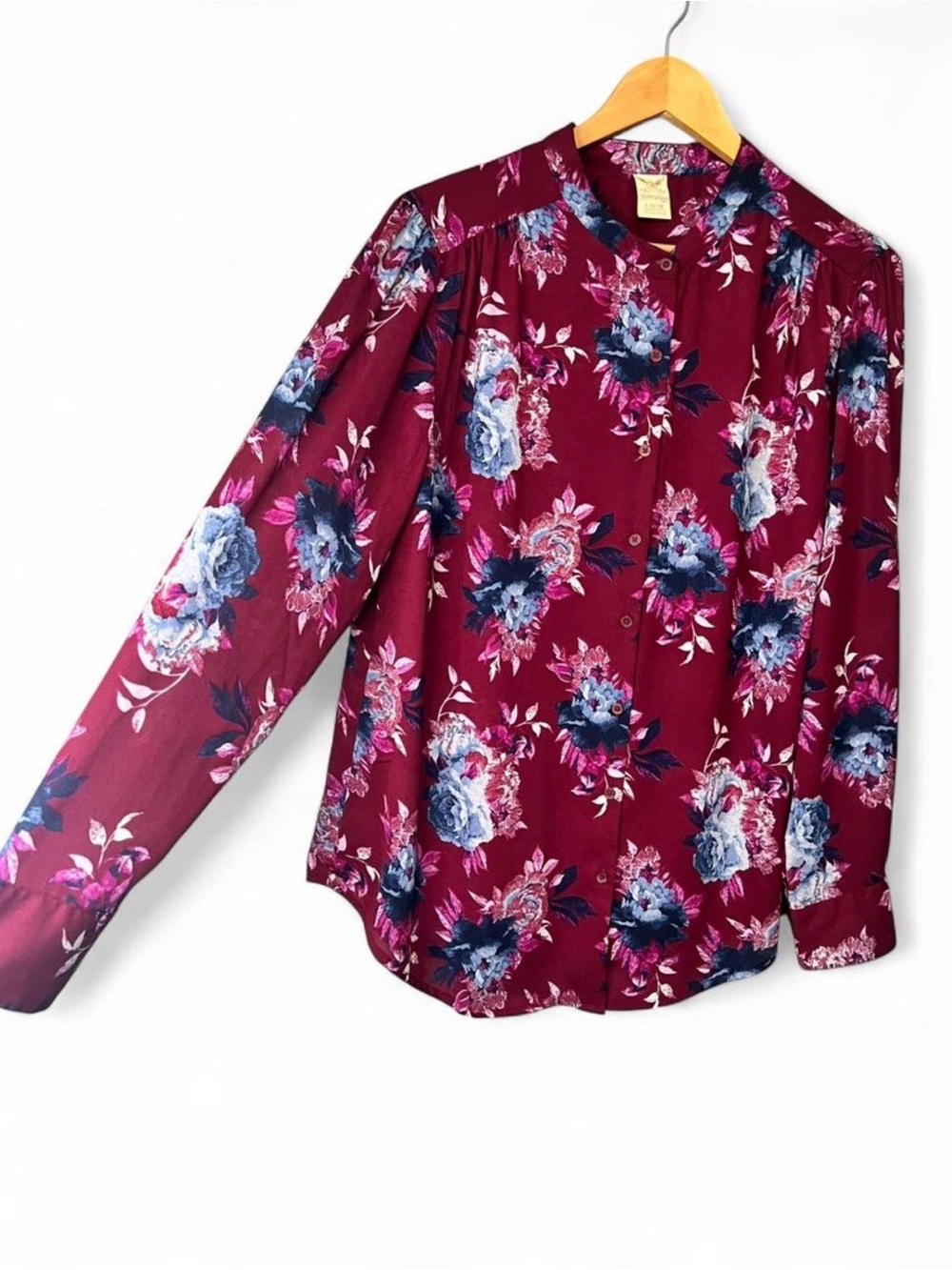 Faded Glory Burgundy Floral Button-Up Blouse